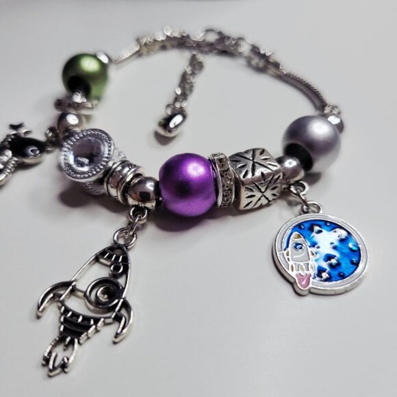 NWT Pandora Style Charm Bracelet Space Rocket Astronaut Enameled Charms Medium - Picture 3 of 12